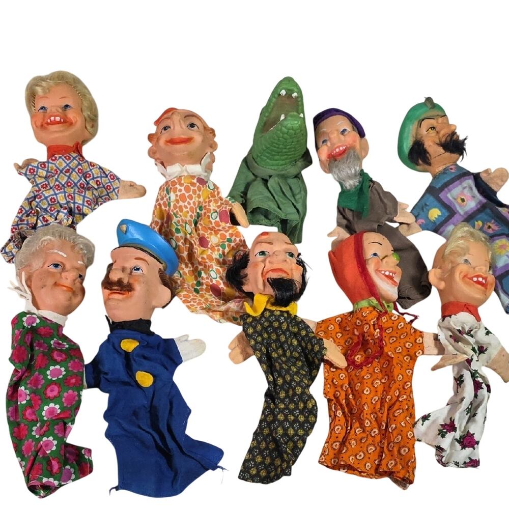 Vintage Hand Puppets Rubber Heads Cotton Cloth Body Collection of 10